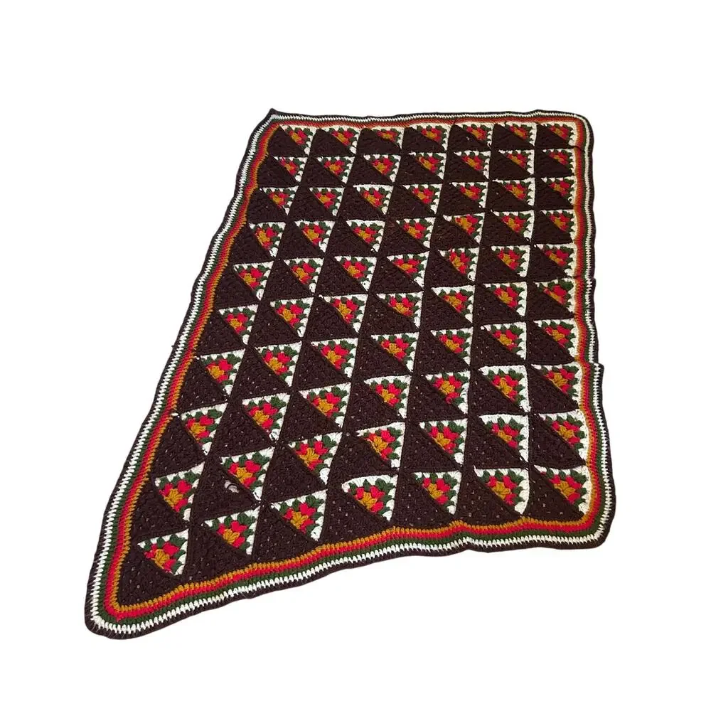 Vintage Hand Crocheted Brown Floral Basket Granny Square Afghan Throw 46x77